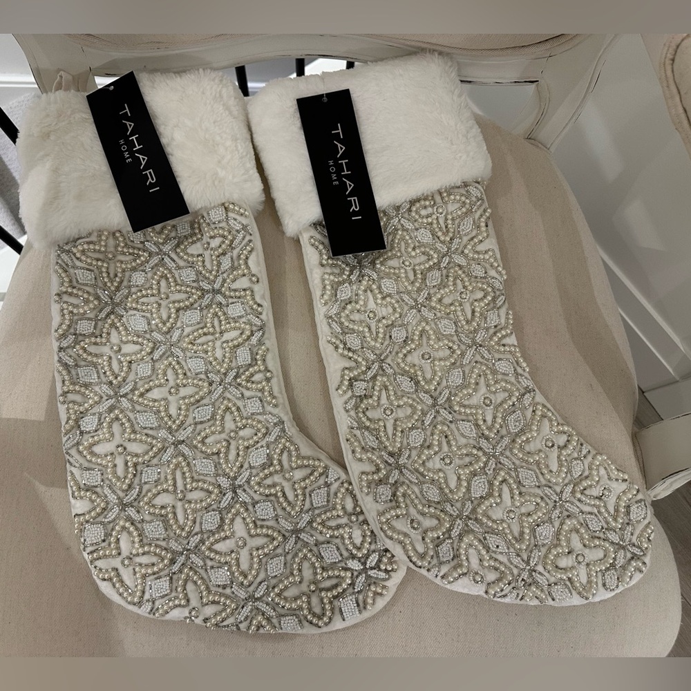 NWT Tahari Elegant White Velvet and Silver Pearl Christmas Stockings Set of 2